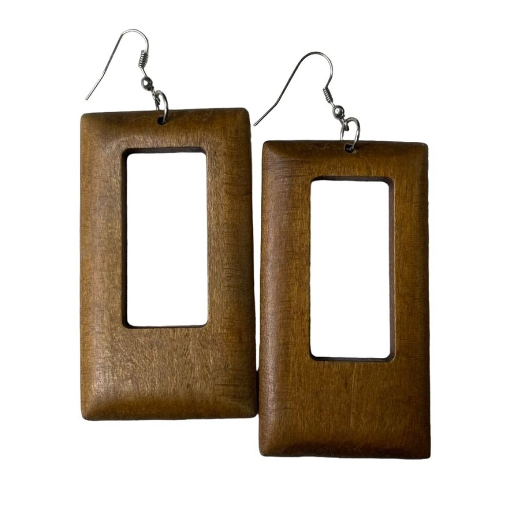 Handmade Rectangular Wooden Dangle Earrings With Cutout Design u